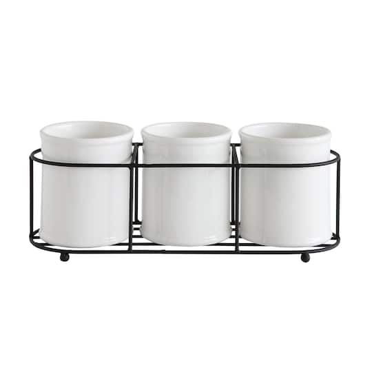 White Ceramic Containers In Metal Holder